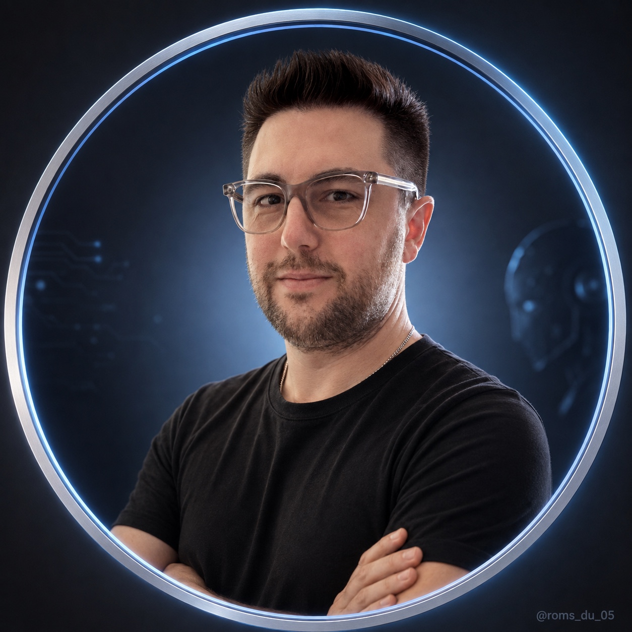 Portrait de Romain TERRAS, avec sa bordure circulaire argentée et bleue